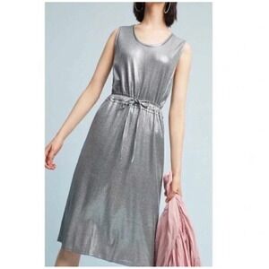 Anthropologie Dolan Silver Metallic Ribbed Knit Drawstring Midi Dress Size Small